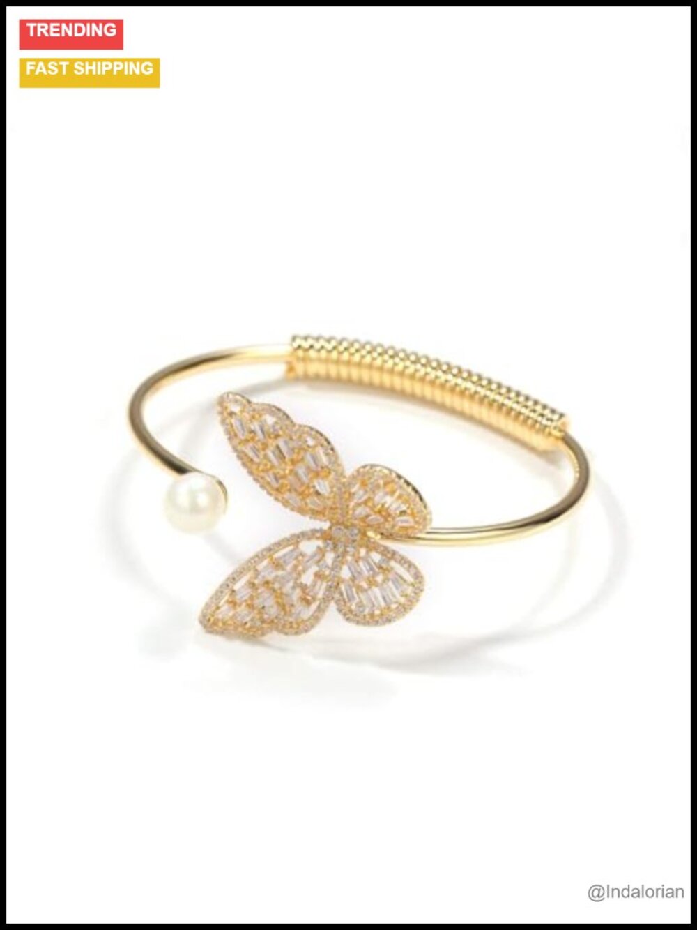 14K Gold Moissanite Butterfly Open Bangle Bracelet Freshwater Pearl Adjustable